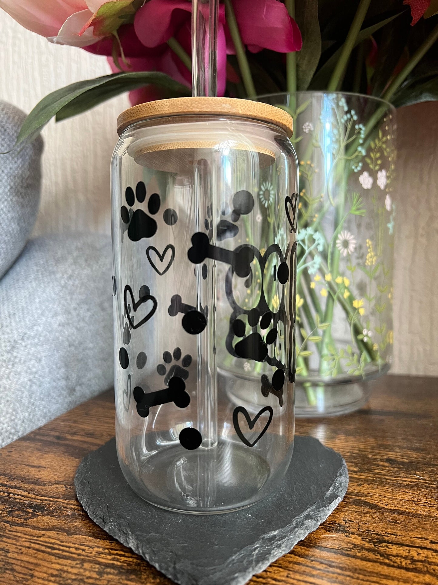 Dog mama glass can tumbler with glass straw