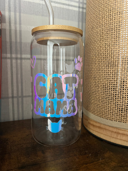 Cat Mama glass can tumbler with glass straw