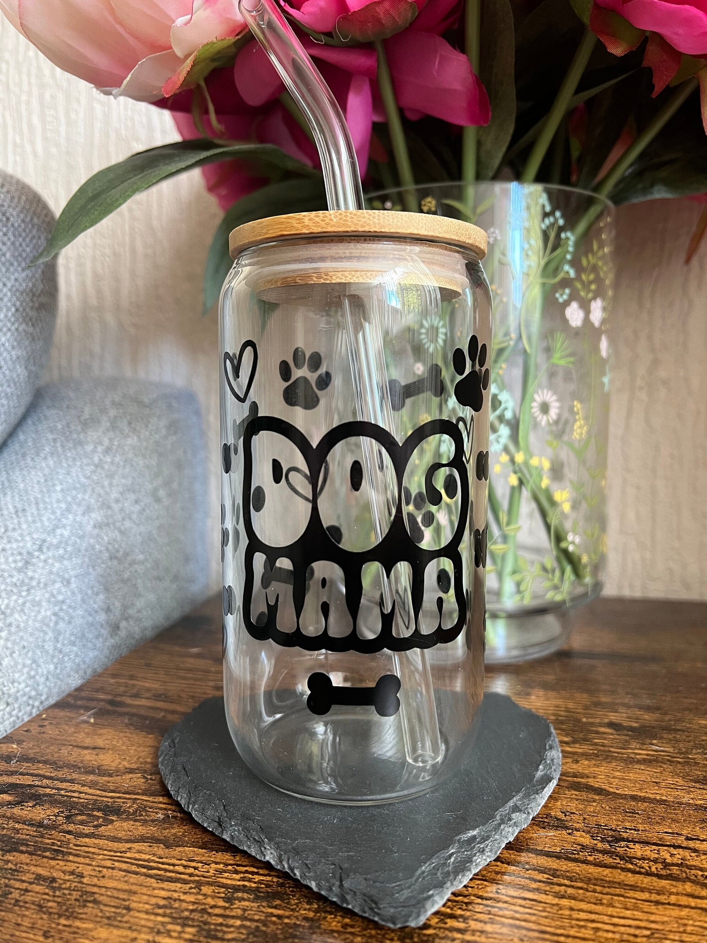 Dog mama glass can tumbler with glass straw