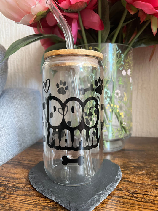 Dog mama glass can tumbler with glass straw