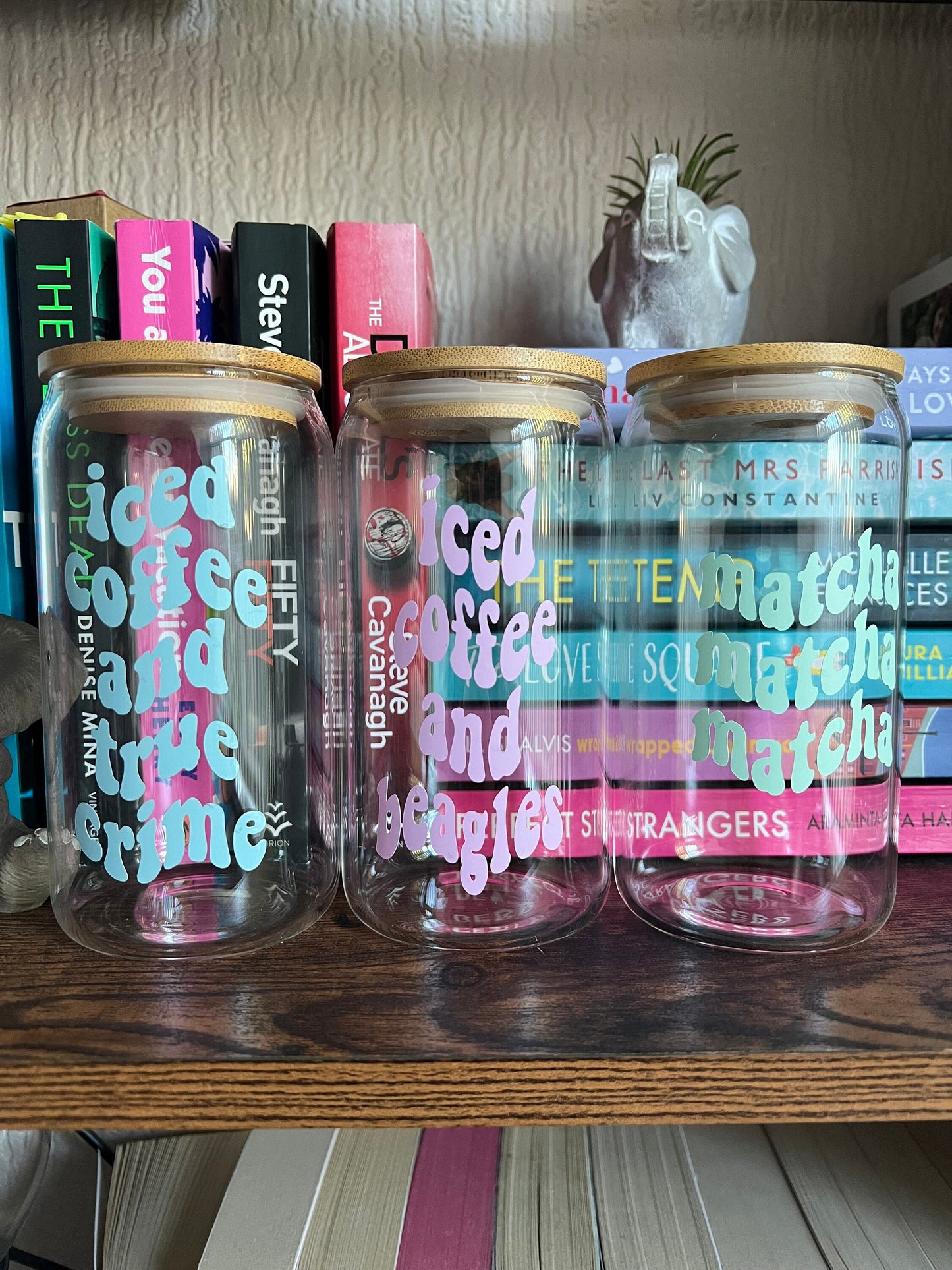 Iced Coffee and True Crime glass can tumbler with glass straw