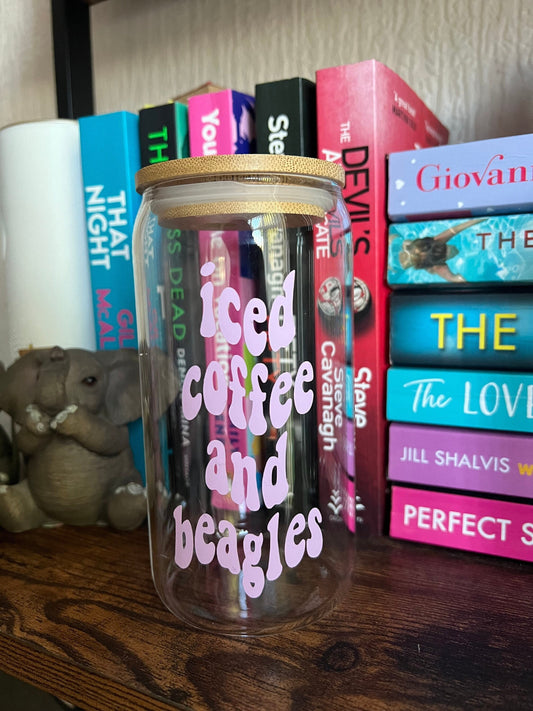 Iced Coffee and Beagle glass can tumbler with glass straw