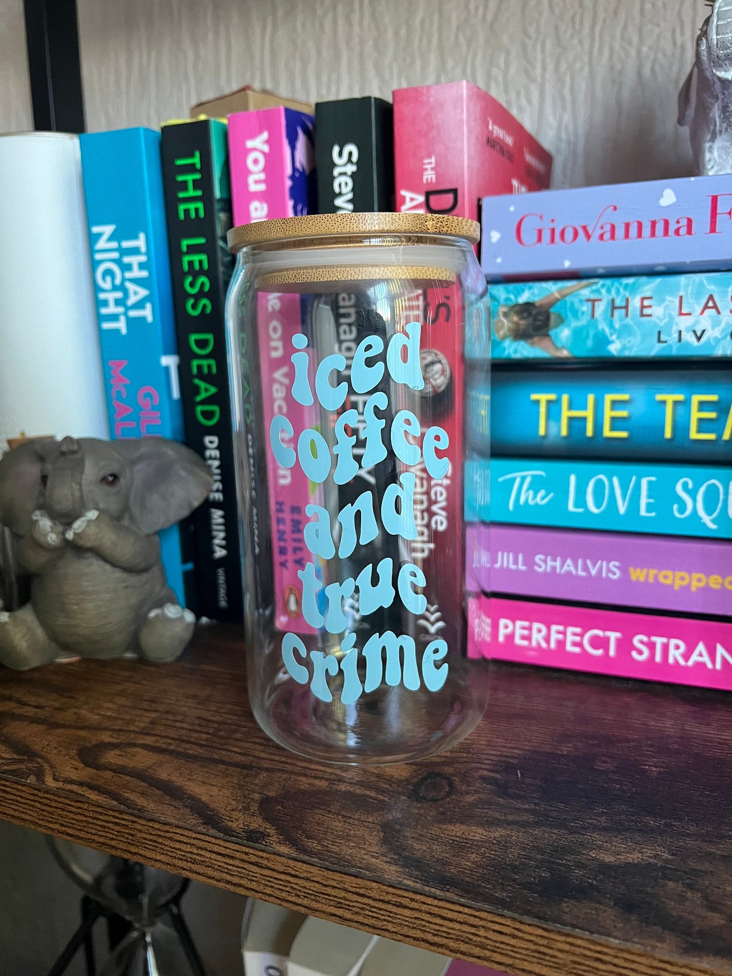 Iced Coffee and True Crime glass can tumbler with glass straw