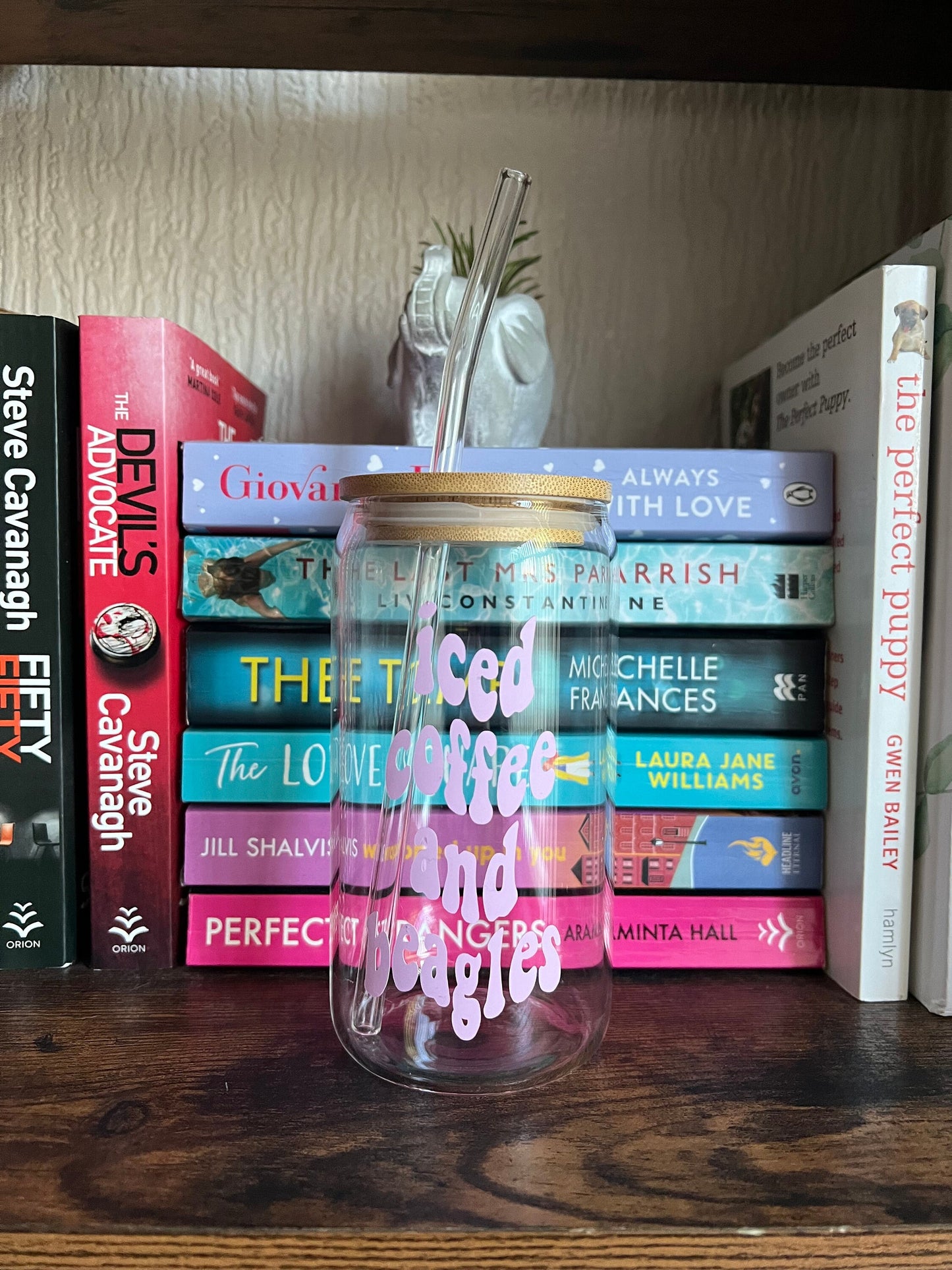 Iced Coffee and Beagle glass can tumbler with glass straw