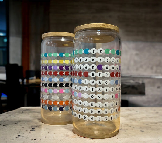 Friendship bracelet eras album Glass Can Bamboo Lid Tumbler with Straw