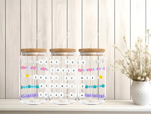 Friendship bracelet eras Glass Can Bamboo Lid Tumbler with Straw