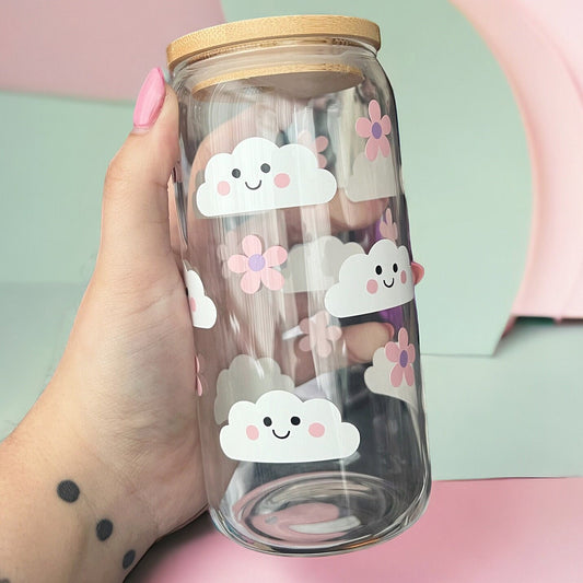 Fluffy happy cloud with flowers cute pink and white glass can tumbler with glass straw