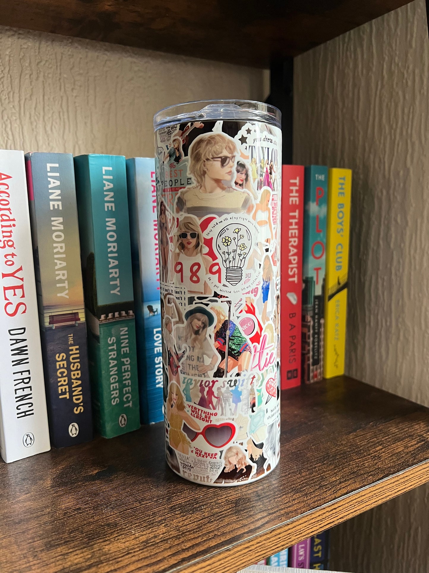 Skinny hot or cold sticker scrapbook style tumbler. Music lover