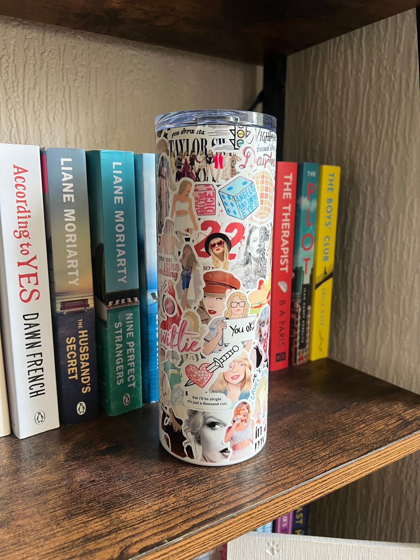 Skinny hot or cold sticker scrapbook style tumbler. Music lover