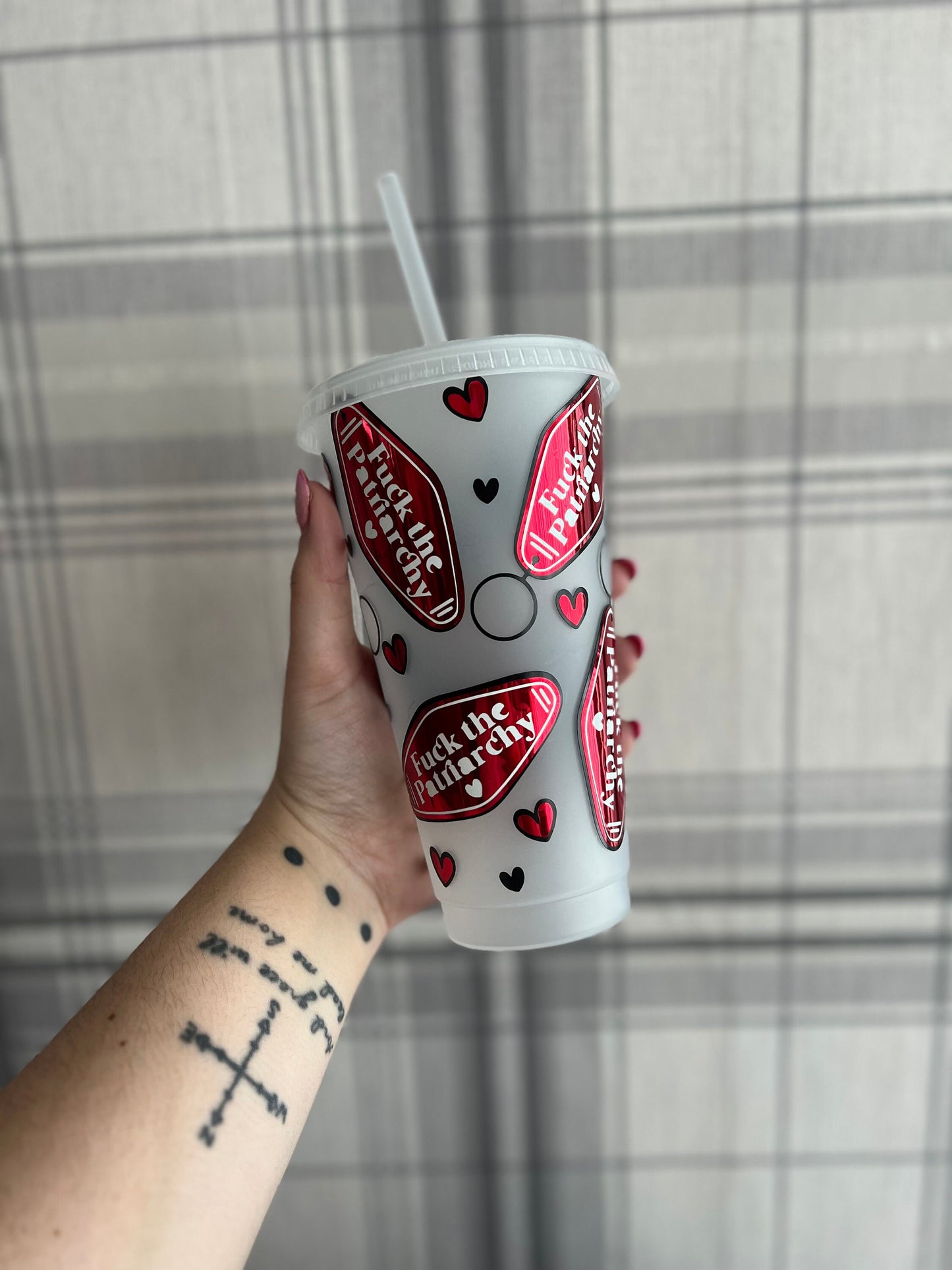 Fuck the patriarchy tumbler with straw